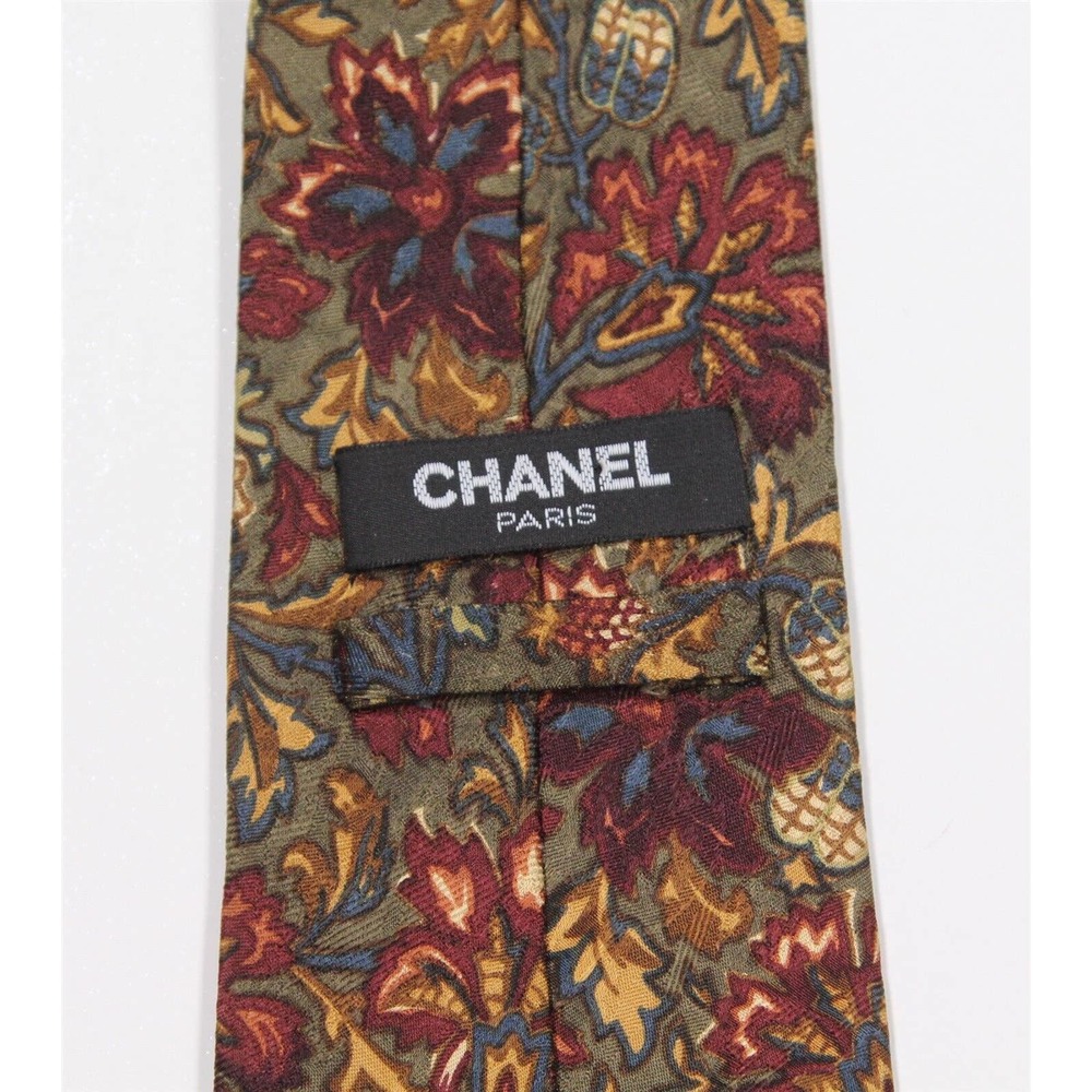 Chanel Paris Green/Burgundy/Blue Floral Fall Colors Silk-Wool Necktie Tie - Picture 5 of 7